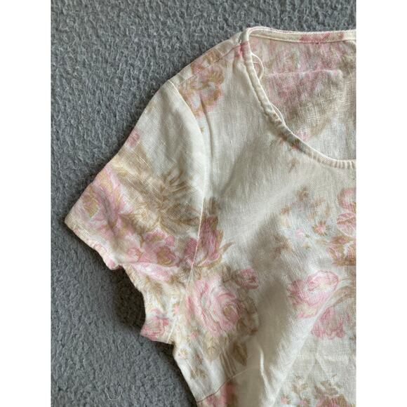 Eileen West Mini Dress 10P Linen Floral Short Sleeve Cream Pink Cottage Retro 10 - Picture 5 of 16